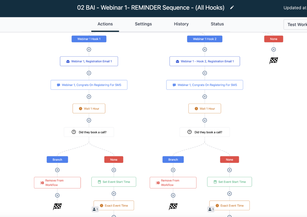 GHL webinar reminder sequence showing dual webhook triggers, registration emails, SMS congrats, 1-hour wait, booked-a-call decision branch, and event time scheduling